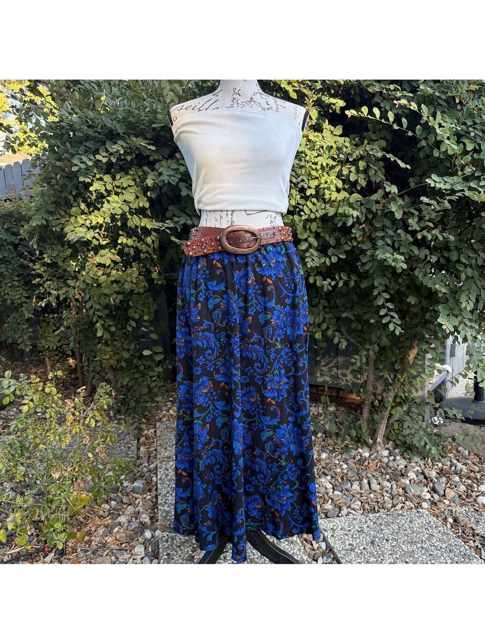 Vintage 90s Midnight Blue Dark Floral Skirt Boho Hippie Western Cowgirl Retro M
